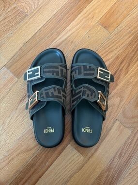 Fendi Brown Monogram Slide Sandals with Gold Buckles